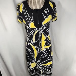 Tiana B. Black Yellow White Floral Short Sleeve Zipper Front Neck Dress Sz Small